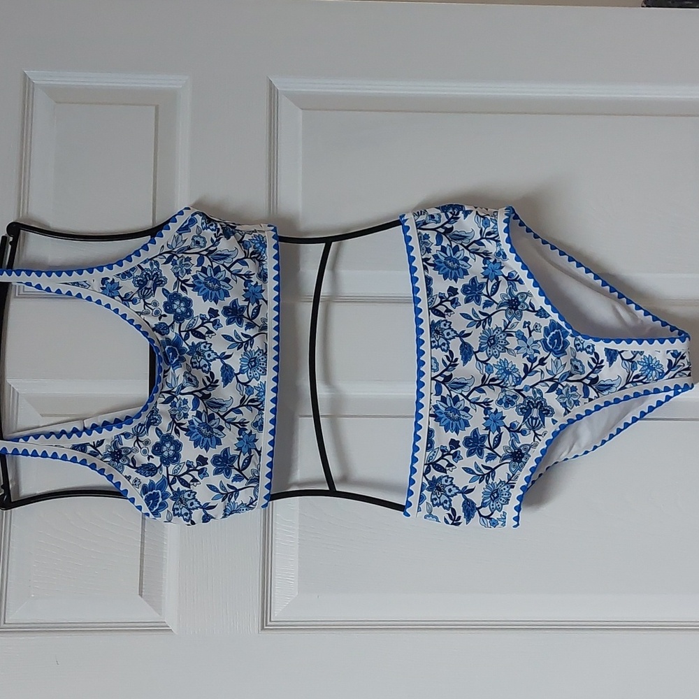 Blue and White Bikini with Triangle Pattern
